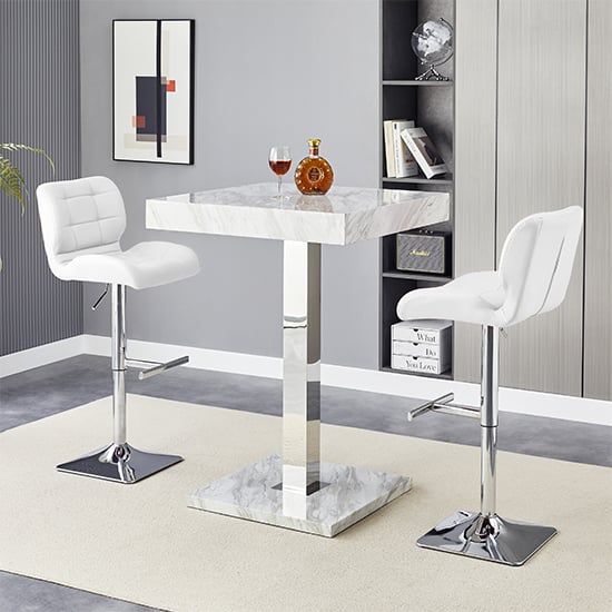 Topeka Magnesia Effect High Gloss Bar Table 2 Canyon White Stools