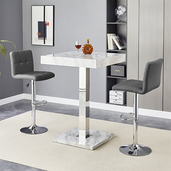 Topeka Magnesia Effect High Gloss Bar Table 2 Concord Grey Stools