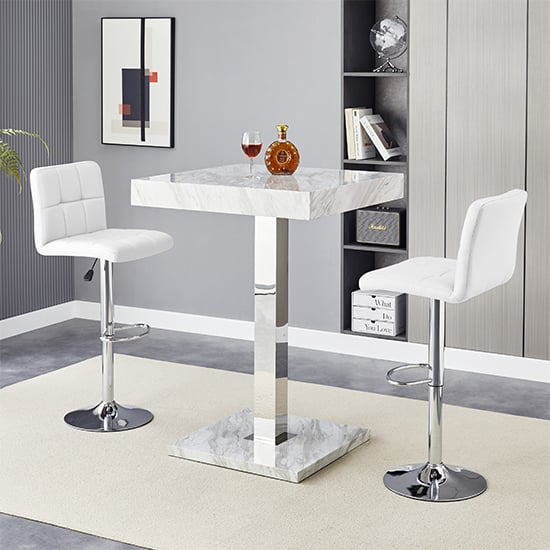 Topeka Magnesia Effect High Gloss Bar Table 2 Concord White Stools