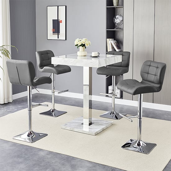 Topeka Magnesia Effect High Gloss Bar Table 4 Canyon Grey Stools