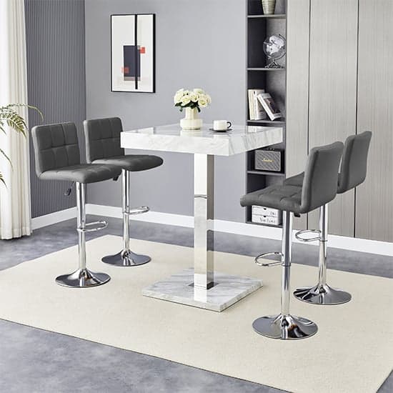 Topeka Magnesia Effect High Gloss Bar Table 4 Concord Grey Stools