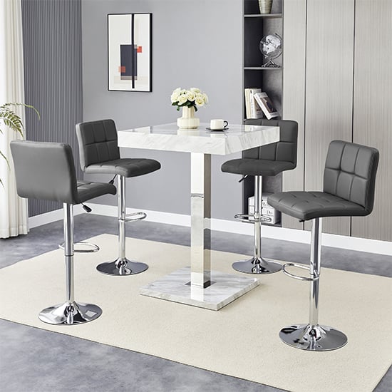 Topeka Magnesia Effect High Gloss Bar Table 4 Concord Grey Stools