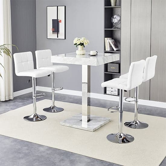 Topeka Magnesia Effect High Gloss Bar Table 4 Concord White Stools