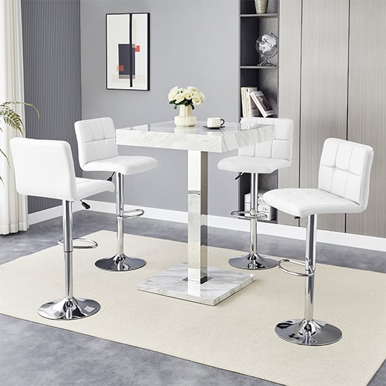 Topeka Magnesia Effect High Gloss Bar Table 4 Concord White Stools