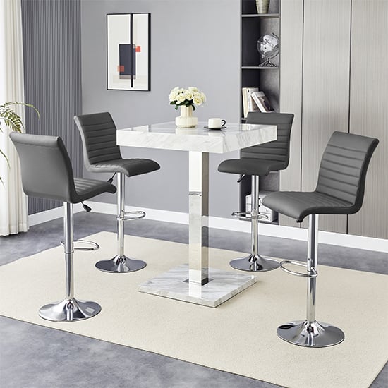 Topeka Magnesia Effect High Gloss Bar Table 4 Rifle Grey Stools