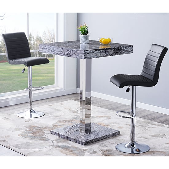 Topeka Melange Marble Effect Bar Table 2 Rifle Black Stools