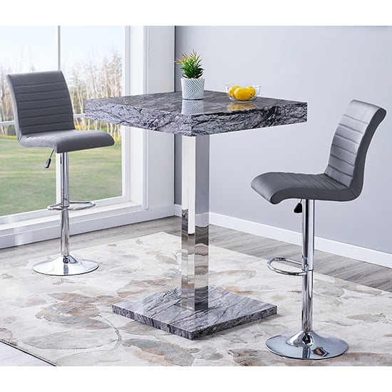 Topeka Melange Marble Effect Bar Table 2 Rifle Grey Stools