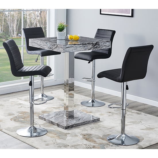 Topeka Melange Marble Effect Bar Table 4 Rifle Black Stools