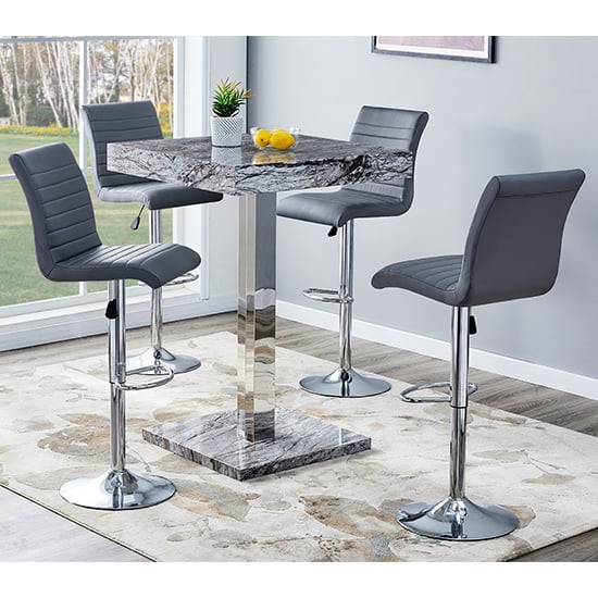 Topeka Melange Marble Effect Bar Table 4 Rifle Grey Stools