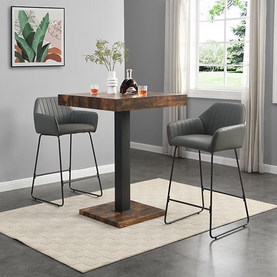 Topeka Rustic Oak Wooden Bar Table With 2 Bronx Grey Stools