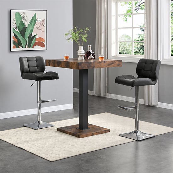 Topeka Rustic Oak Wooden Bar Table With 2 Canyon Black Stools