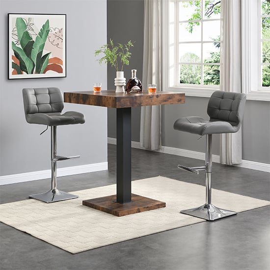 Topeka Rustic Oak Wooden Bar Table With 2 Canyon Grey Stools