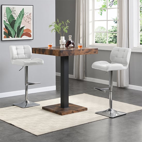 Topeka Rustic Oak Wooden Bar Table With 2 Canyon White Stools