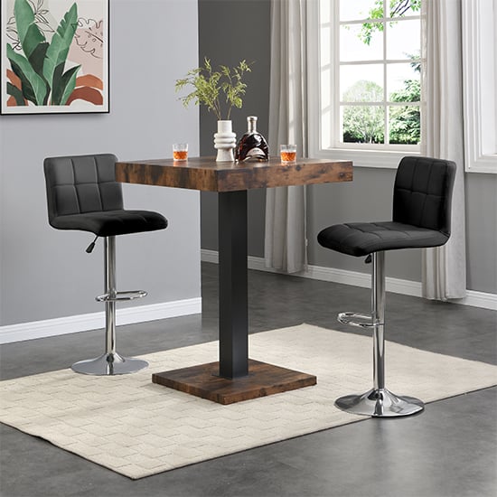 Topeka Rustic Oak Wooden Bar Table With 2 Concord Black Stools