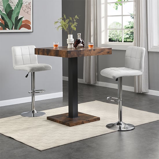 Topeka Rustic Oak Wooden Bar Table With 2 Concord White Stools