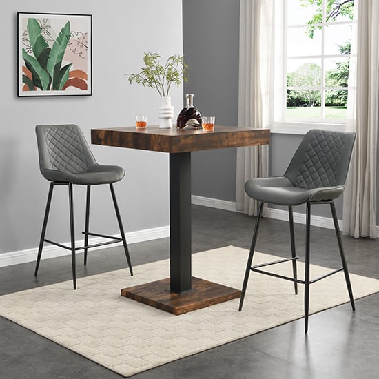 Topeka Rustic Oak Wooden Bar Table With 2 Ostend Grey Stools