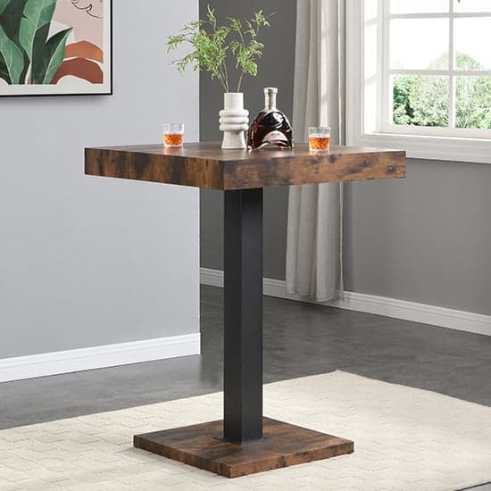 Topeka Rustic Oak Wooden Bar Table With 2 Rifle Black Stools