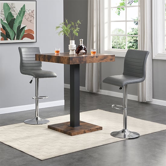 Topeka Rustic Oak Wooden Bar Table With 2 Rifle Grey Stools