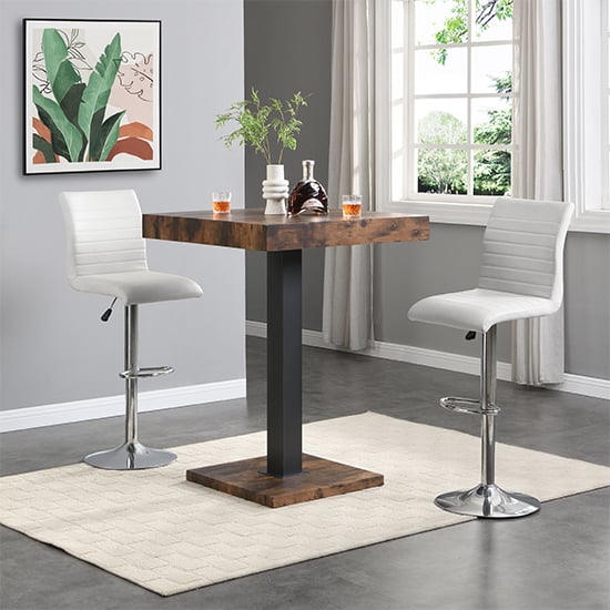 Topeka Rustic Oak Wooden Bar Table With 2 Rifle White Stools