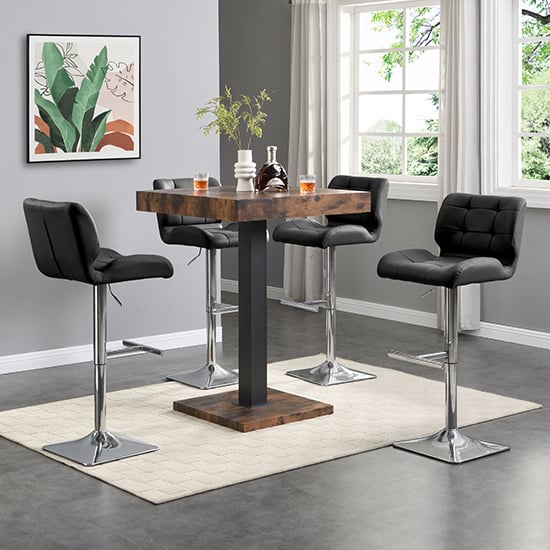 Topeka Rustic Oak Wooden Bar Table With 4 Canyon Black Stools