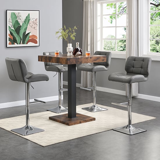 Topeka Rustic Oak Wooden Bar Table With 4 Canyon Grey Stools
