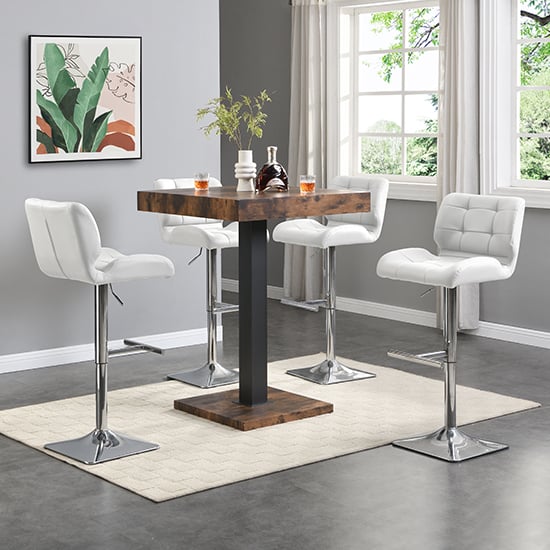Topeka Rustic Oak Wooden Bar Table With 4 Canyon White Stools