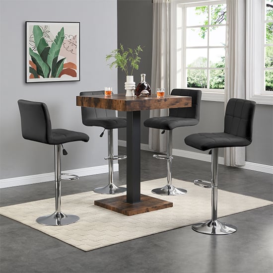 Topeka Rustic Oak Wooden Bar Table With 4 Concord Black Stools