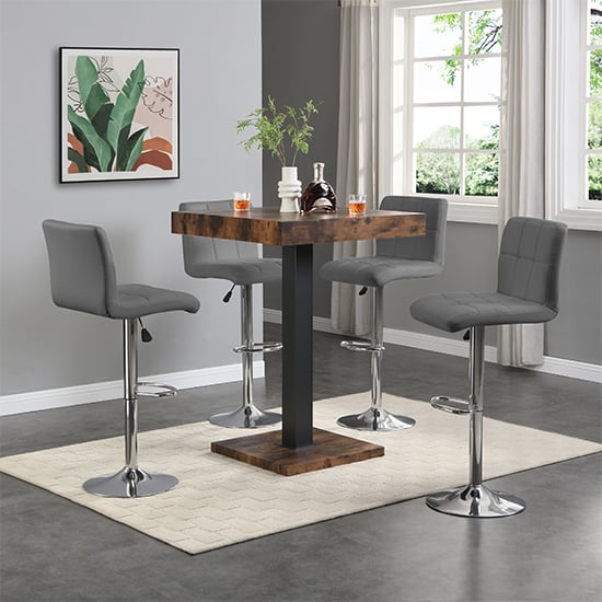 Topeka Rustic Oak Wooden Bar Table With 4 Concord Grey Stools