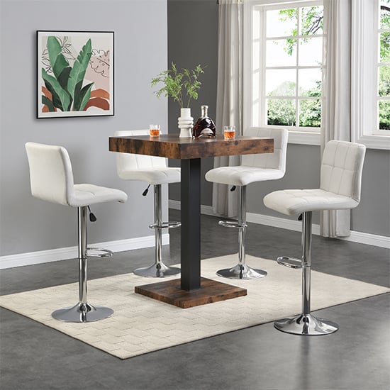 Topeka Rustic Oak Wooden Bar Table With 4 Concord White Stools