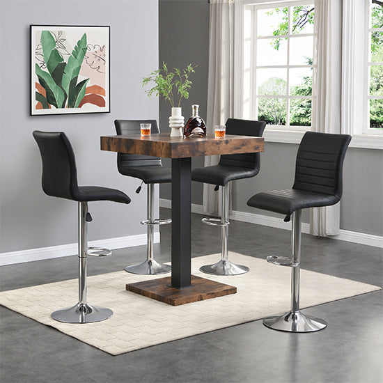 Topeka Rustic Oak Wooden Bar Table With 4 Rifle Black Stools