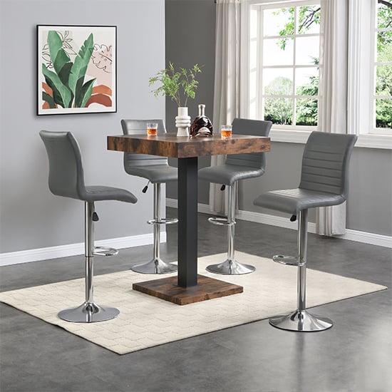 Topeka Rustic Oak Wooden Bar Table With 4 Rifle Grey Stools