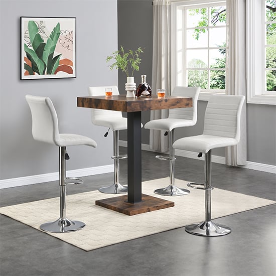 Topeka Rustic Oak Wooden Bar Table With 4 Rifle White Stools