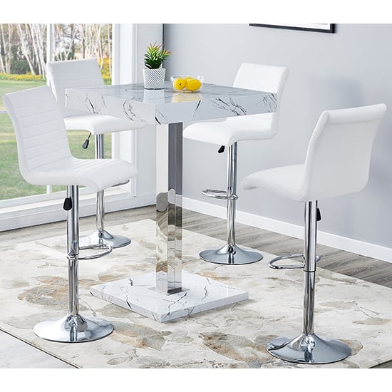 Topeka Vida Marble Effect Bar Table 4 Rifle White Stools