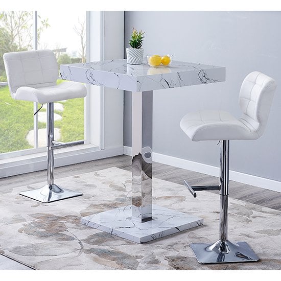 Topeka Vida Marble Effect Gloss Bar Table 2 Canyon White Stool