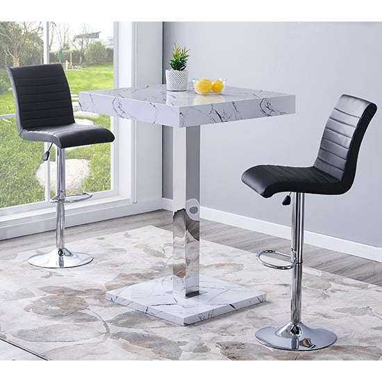 Topeka Vida Marble Effect Gloss Bar Table 2 Rifle Black Stool