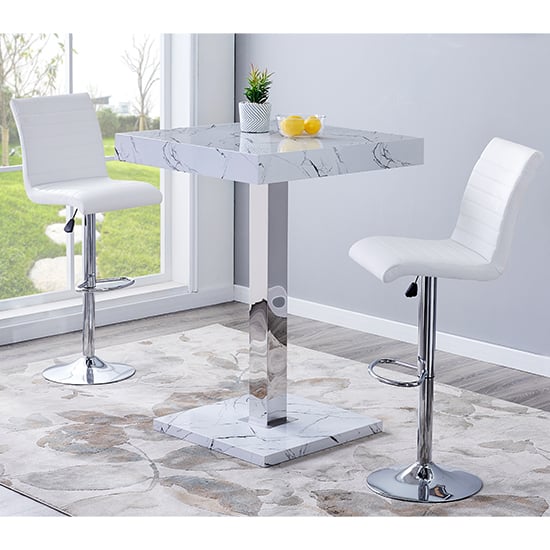 Topeka Vida Marble Effect Gloss Bar Table 2 Rifle White Stool