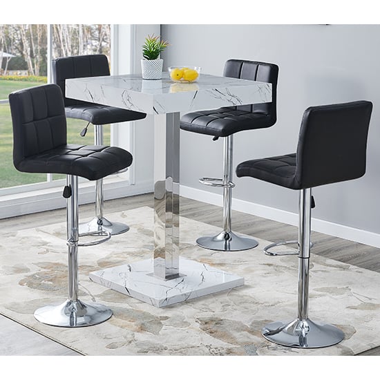 Topeka Vida Marble Effect Gloss Bar Table 4 Concord Black Stools