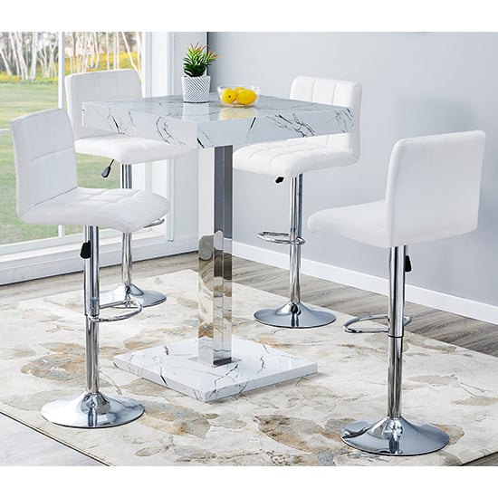 Topeka Vida Marble Effect Gloss Bar Table 4 Concord White Stools