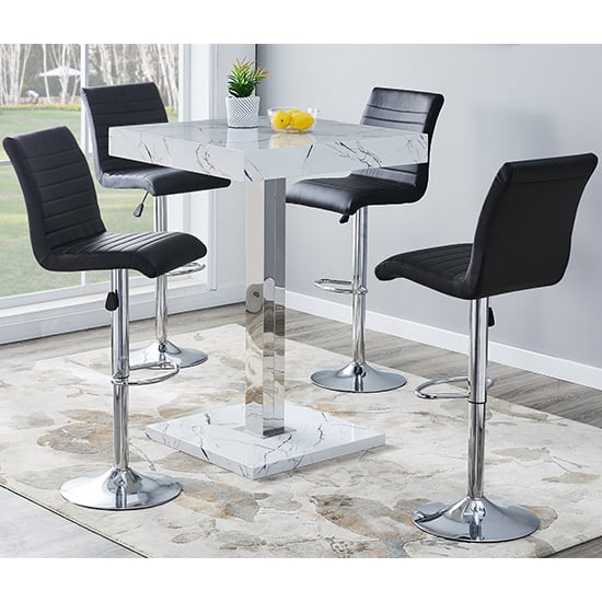 Topeka Vida Marble Effect Gloss Bar Table 4 Rifle Black Stool