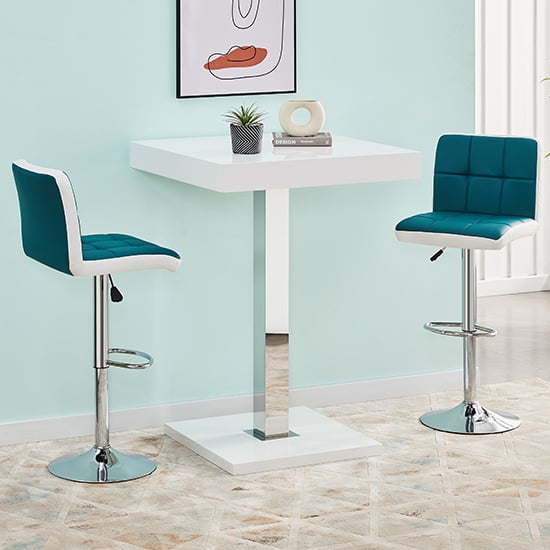 Topeka White High Gloss Bar Table 2 Cortez Teal White Stools