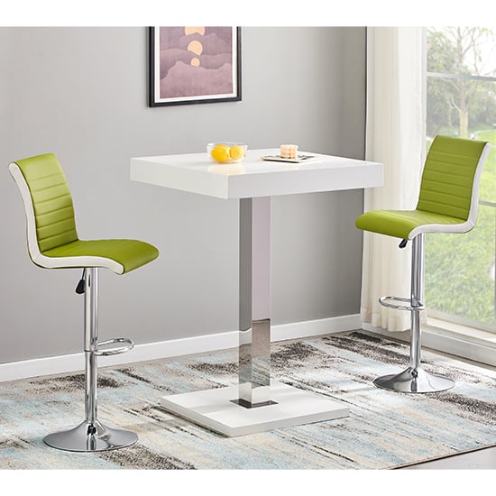 Topeka White High Gloss Bar Table 2 Riga Green White Stools