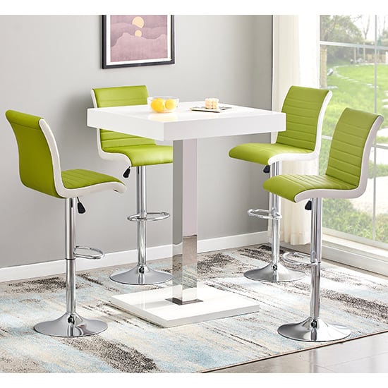 Topeka White High Gloss Bar Table 4 Riga Green White Stools