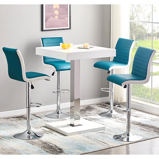 Topeka White High Gloss Bar Table 4 Riga Teal White Stools