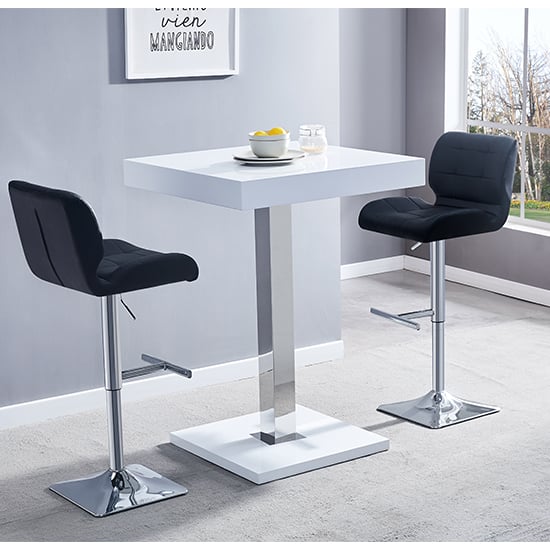 Topeka White High Gloss Bar Table With 2 Canyon Black Stools