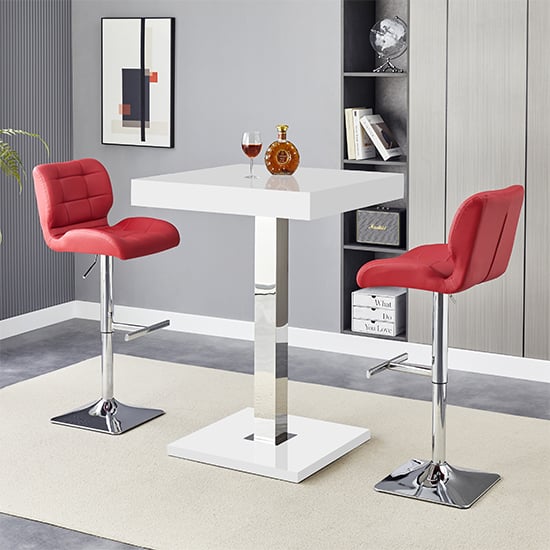 Topeka White High Gloss Bar Table With 2 Canyon Bordeaux Stools