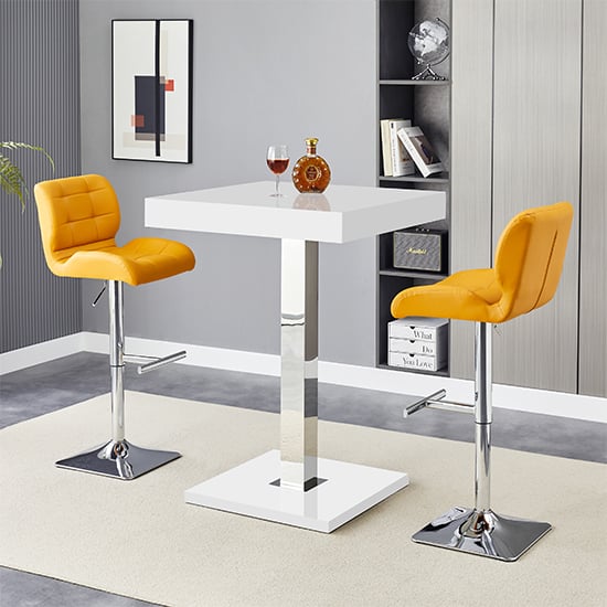 Topeka White High Gloss Bar Table With 2 Canyon Curry Stools