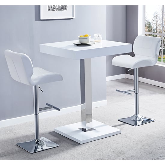 Topeka White High Gloss Bar Table With 2 Canyon White Stools