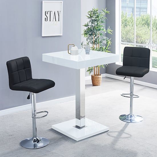 Topeka White High Gloss Bar Table With 2 Concord Black Stools