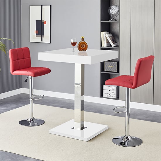 Topeka White High Gloss Bar Table With 2 Concord Bordeaux Stools