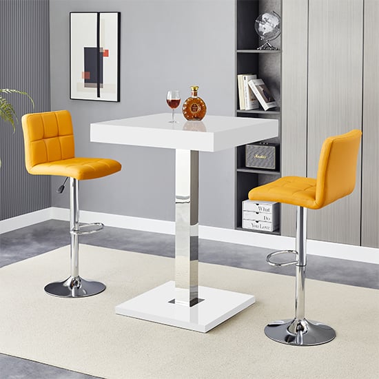 Topeka White High Gloss Bar Table With 2 Concord Curry Stools